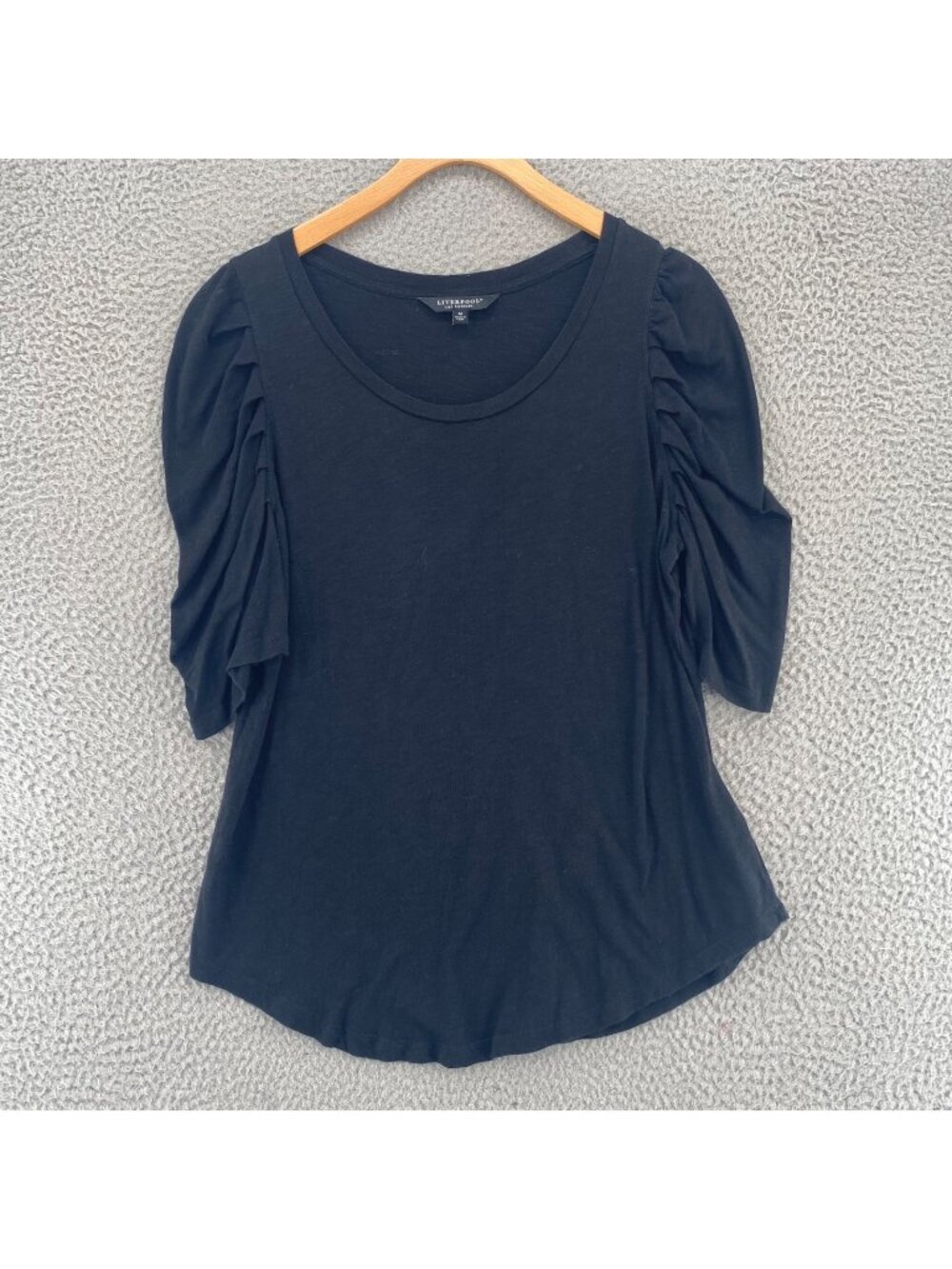 Liverpool Top Womens Medium Black Cotton Modal Stretch Knit Short Puff Sleeves